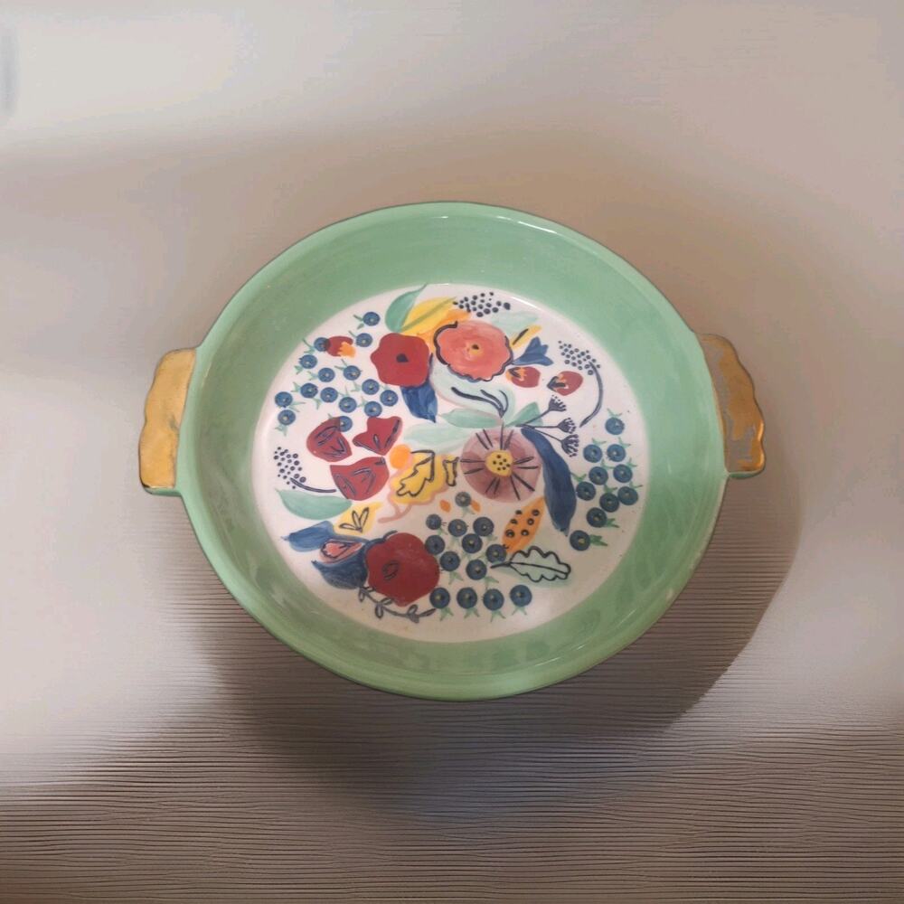 Anthropologie Pie Dish Hand Painted Stoneware 10" Fruit Pie Dish
